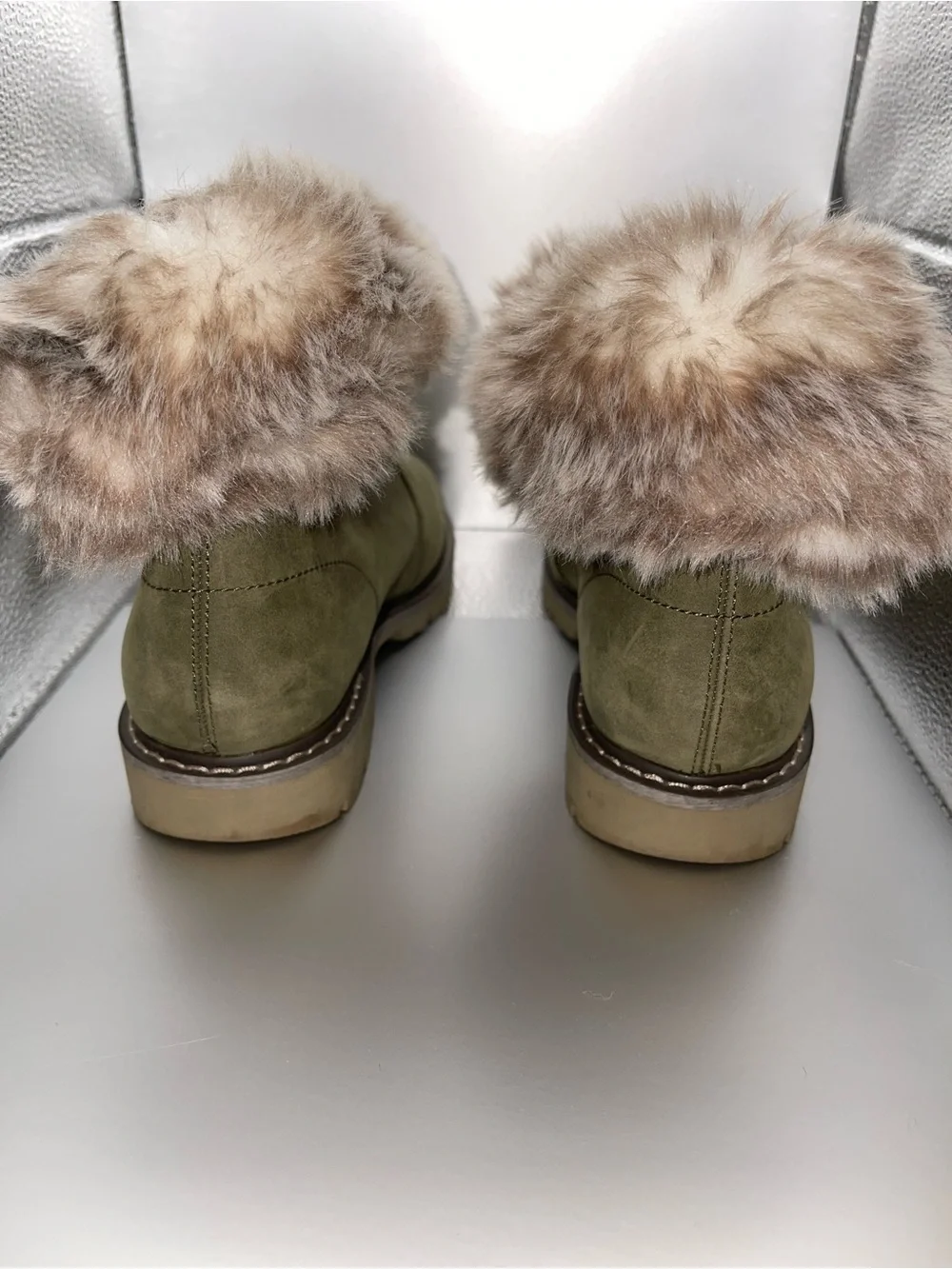 Caterpillar Waterproof Olive Suede-Like Ankle Booties with Faux Fur Cuff